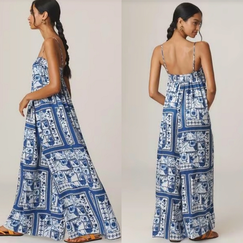 Maeve Blue and White Printed Strapless Jumpsuit - Picture 2 of 12
